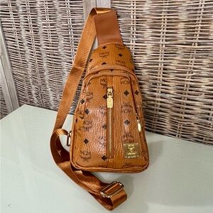 MCM Cognac Crossbody Bag with Gold Accents
